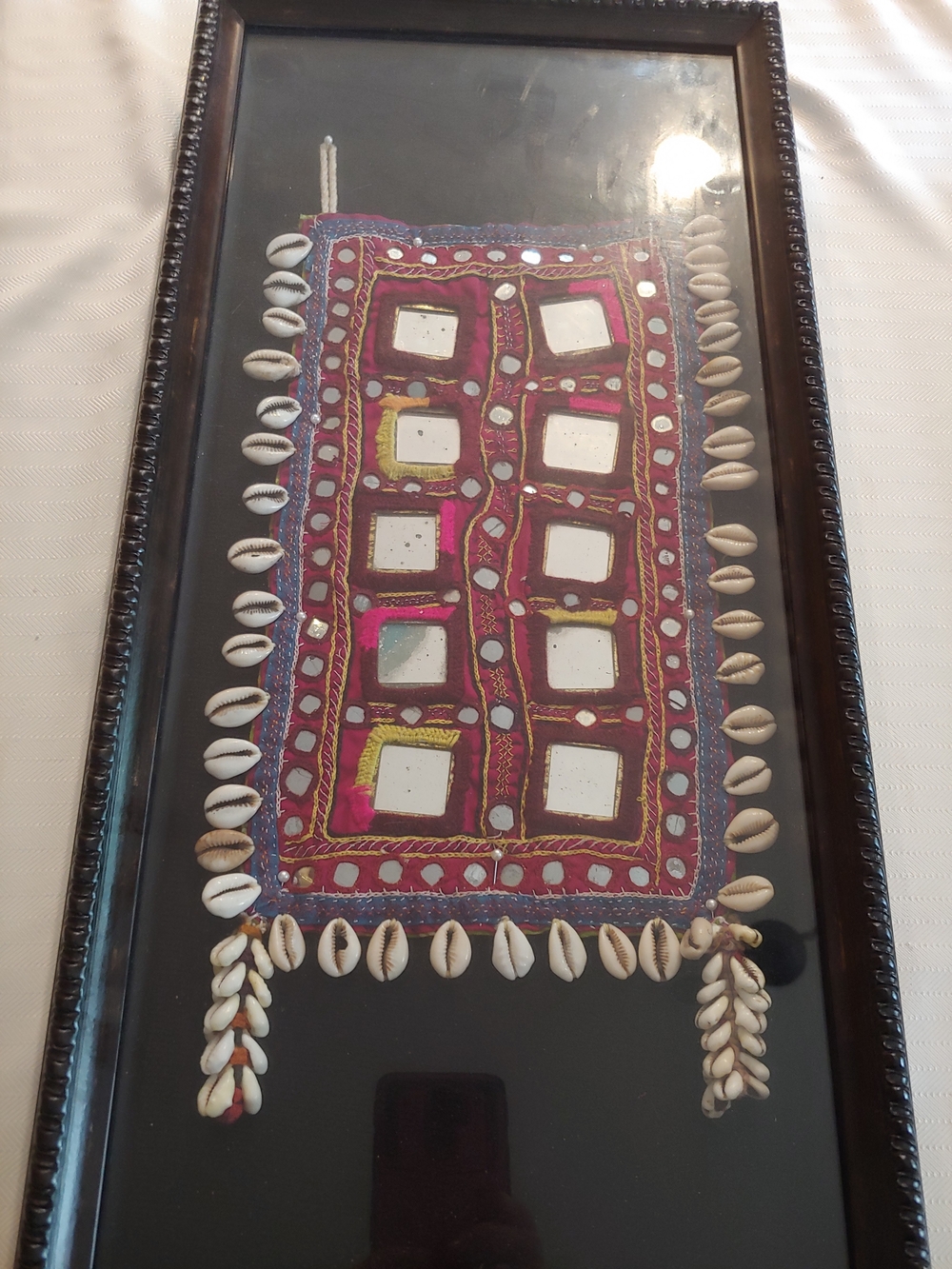 Handcrafted Lambani Gala Textile Mirror Wall Art with Cowrie Shells
